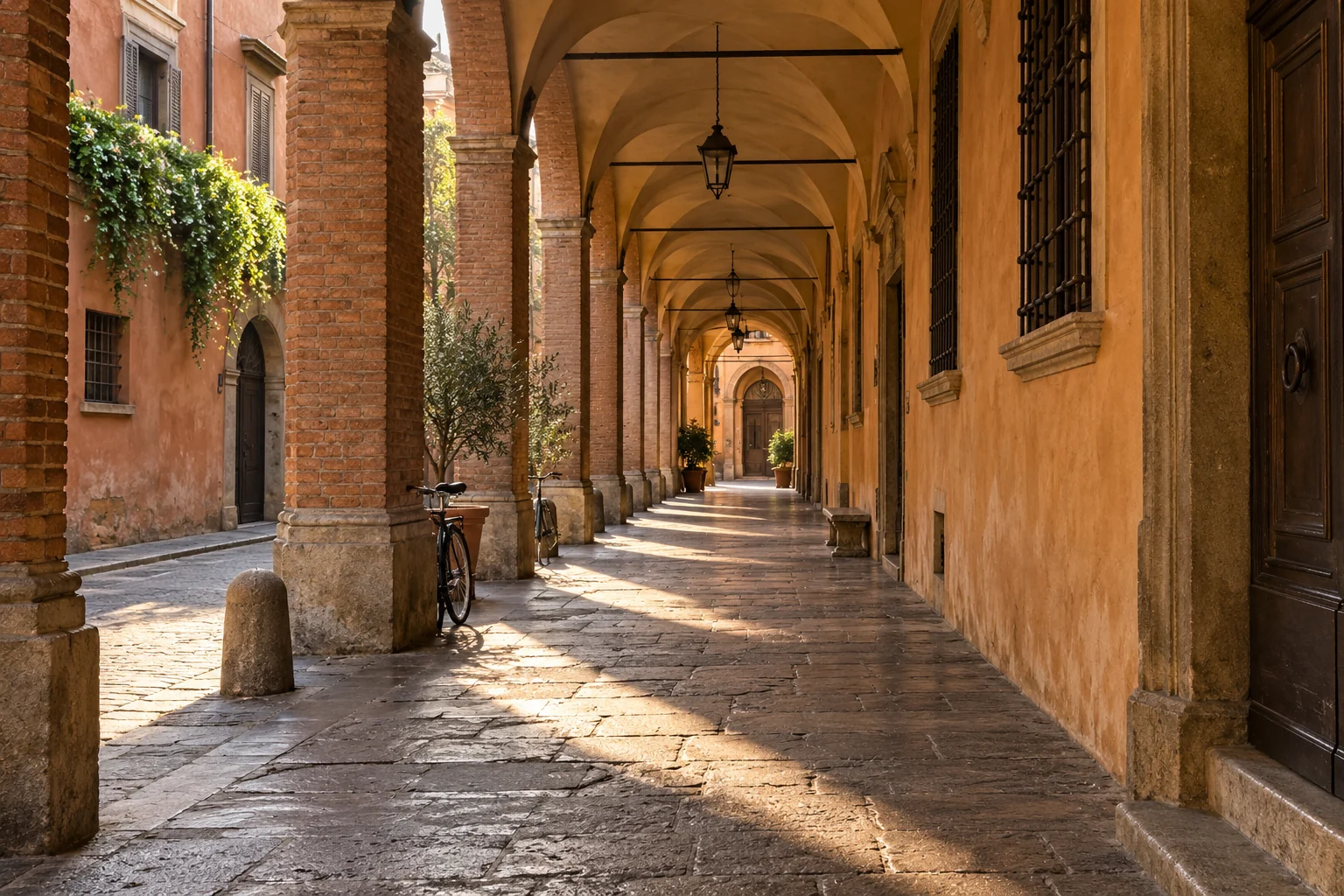 An editorial illustration of warm brick porticoes and stone paving in Bologna